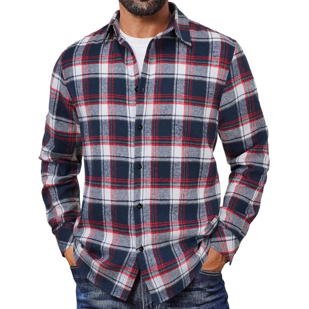 imageCOOFANDY Mens Flannel Shirts Long Sleeve Plaid Button Down Shirts Casual Cotton ShirtsBlueRed