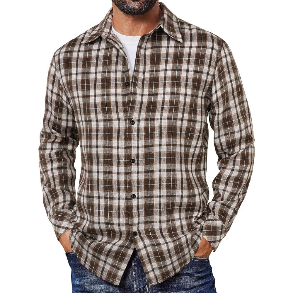 imageCOOFANDY Mens Flannel Shirts Long Sleeve Plaid Button Down Shirts Casual Cotton ShirtsKhaki Plaid