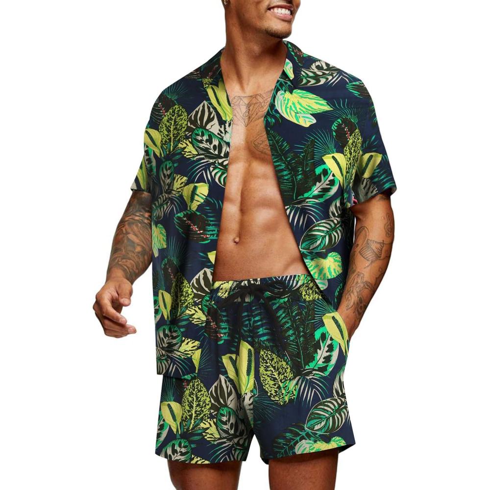 imageCOOFANDY Mens Hawaiian Matching Set Summer Beach 2 Piece Outfits Flower Button Down Shirts and Shorts Vacation OutfitsNavy Blue