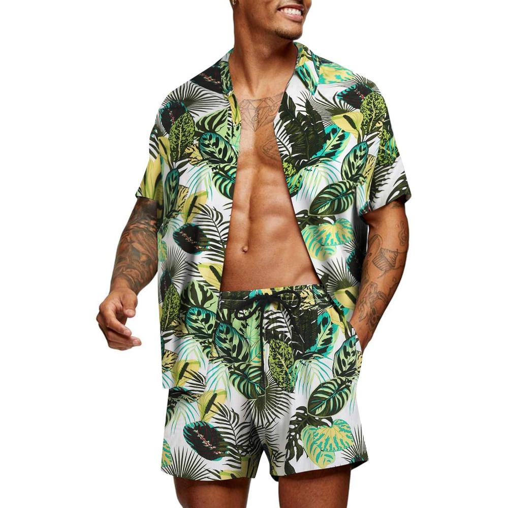 imageCOOFANDY Mens Hawaiian Matching Set Summer Beach 2 Piece Outfits Flower Button Down Shirts and Shorts Vacation OutfitsWhite