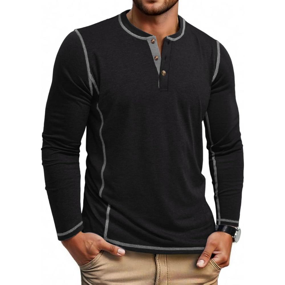 imageCOOFANDY Mens Henley Shirts Long Sleeve Casual Maverick Slub Henley TShirts Lightweight Basic Tee01black