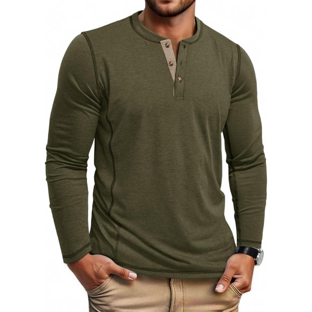 imageCOOFANDY Mens Henley Shirts Long Sleeve Casual Maverick Slub Henley TShirts Lightweight Basic TeeArmy Green