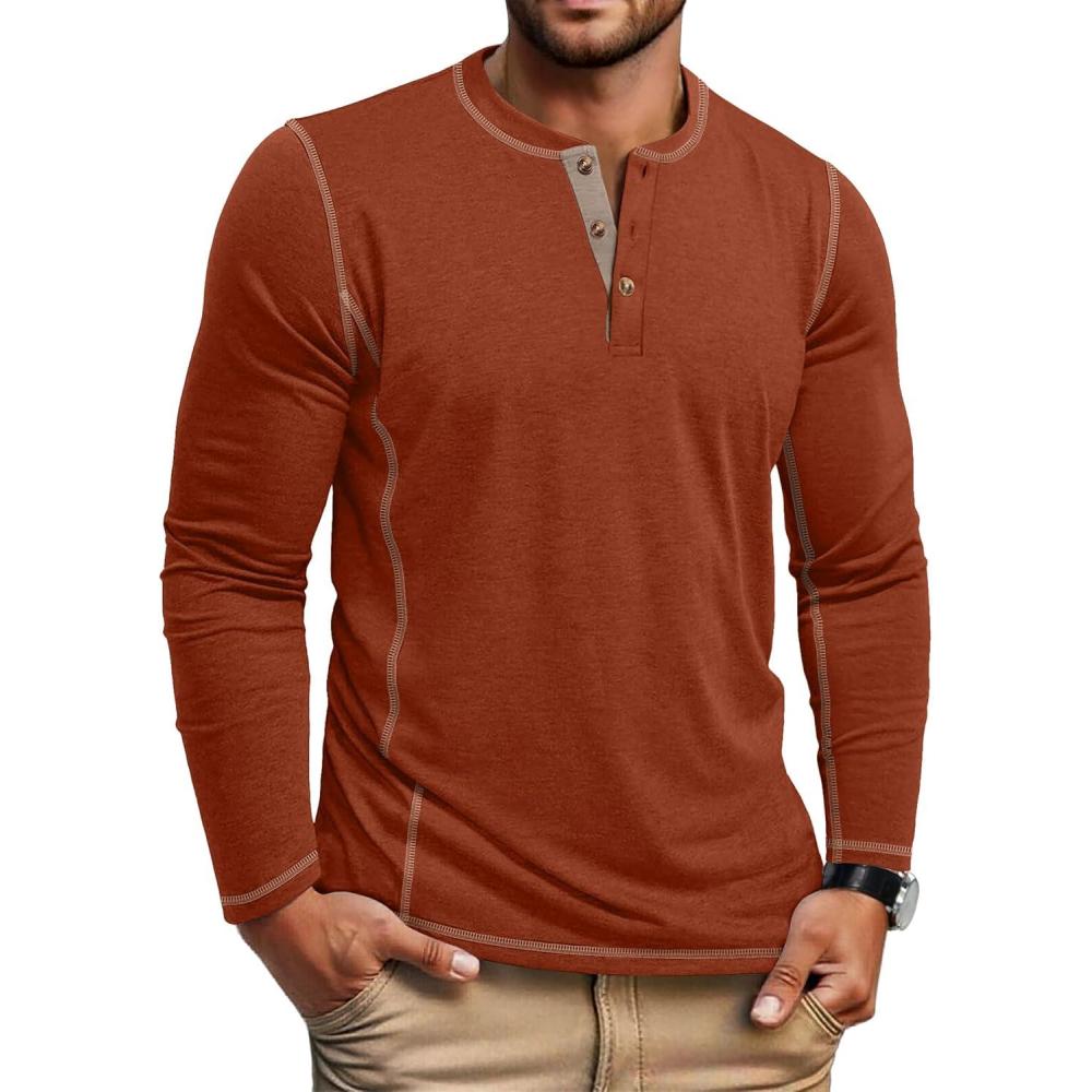 imageCOOFANDY Mens Henley Shirts Long Sleeve Casual Maverick Slub Henley TShirts Lightweight Basic TeeCaramel