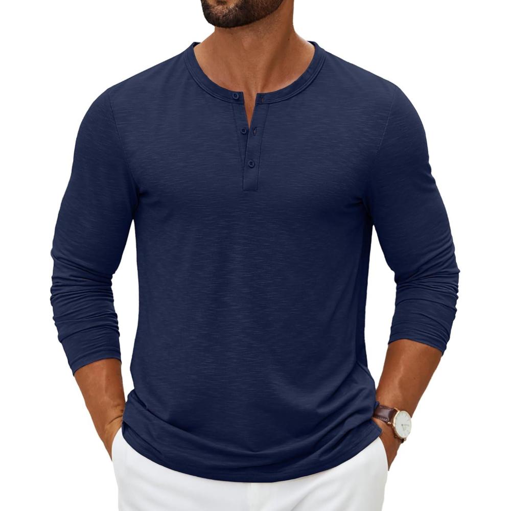 imageCOOFANDY Mens Henley Shirts Long Sleeve Casual Pullover TShirt Fashion Basic Button ShirtsNavy Blue