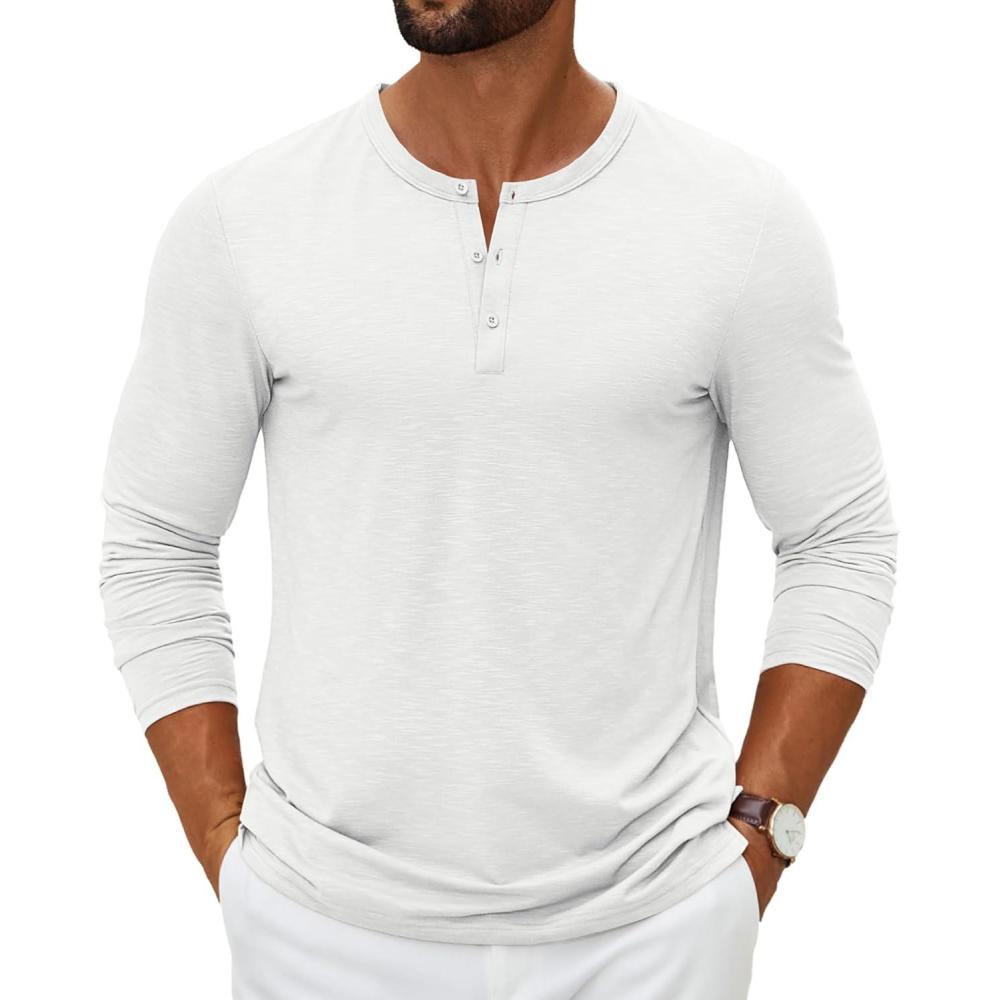 imageCOOFANDY Mens Henley Shirts Long Sleeve Casual Pullover TShirt Fashion Basic Button ShirtsWhite
