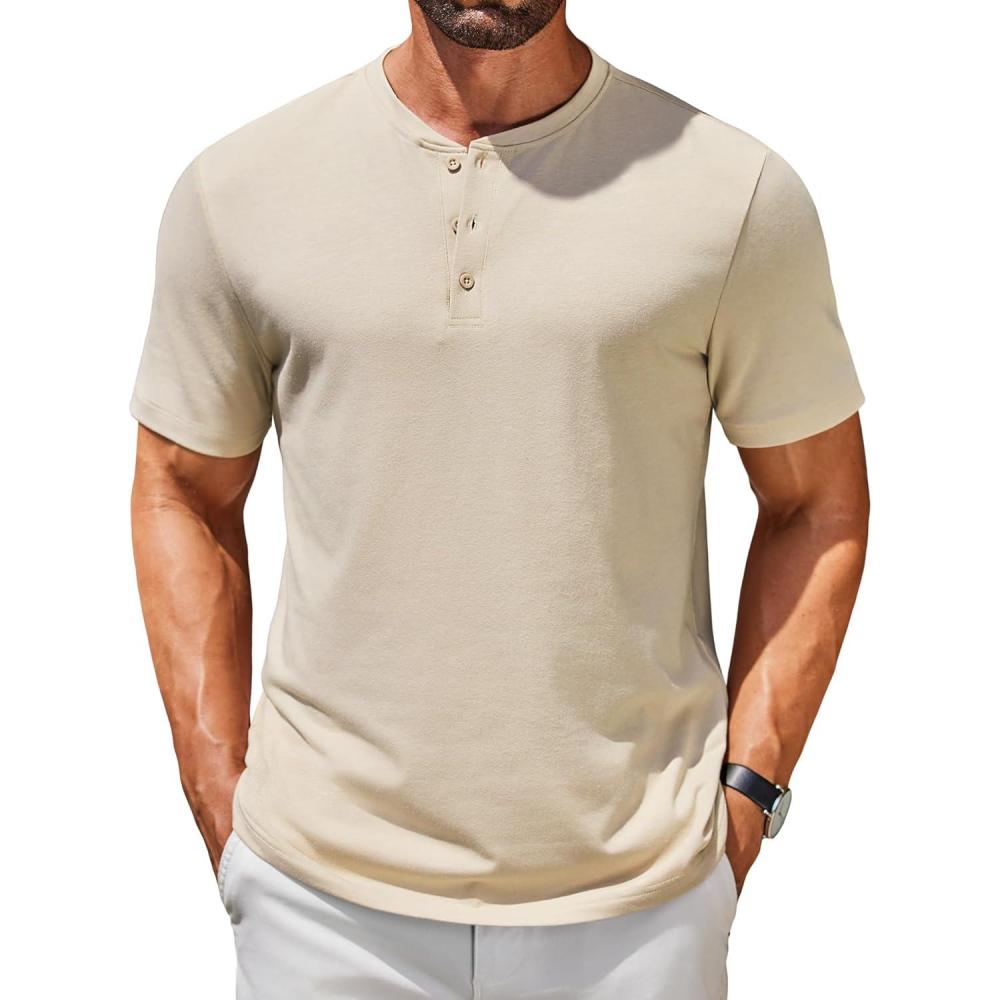 imageCOOFANDY Mens Henley Shirts Short Sleeve Casual Summer Basic T Shirt Soild Button Tee TopAlight Khaki