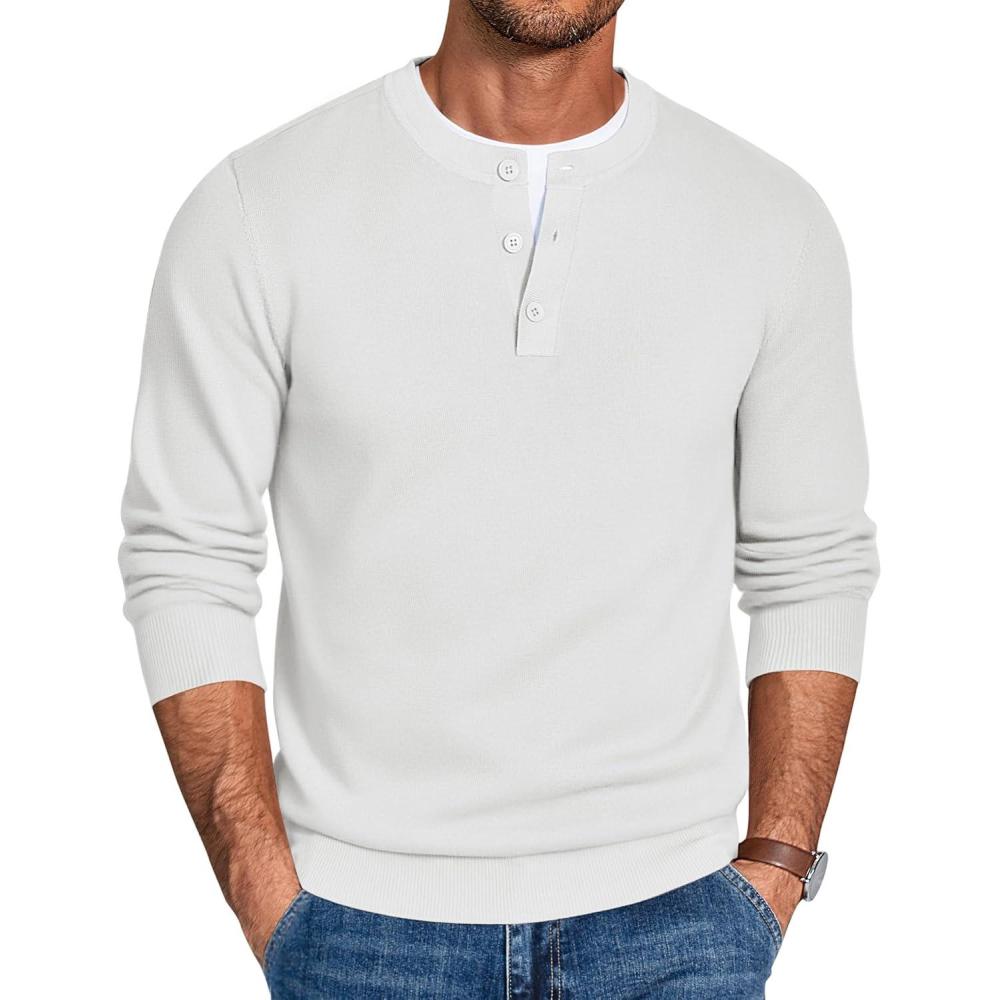 imageCOOFANDY Mens Henley Sweater Long Sleeve Quarter Button Sweaters Casual Knit Pullover SweaterWhite