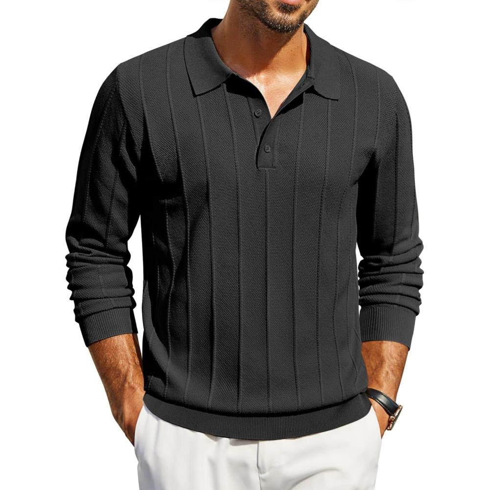 imageCOOFANDY Mens Knit Polo Long Sleeve Polos Sweater Causal Collared Golf Sweaters Fashion Business Dress PulloverAblack
