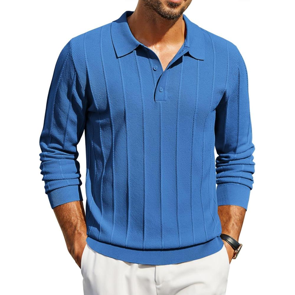 imageCOOFANDY Mens Knit Polo Long Sleeve Polos Sweater Causal Collared Golf Sweaters Fashion Business Dress PulloverBlue