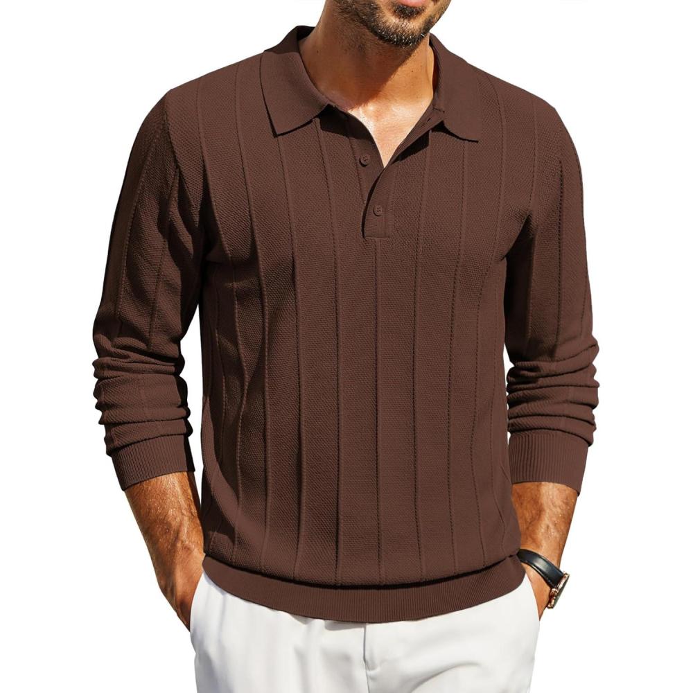 imageCOOFANDY Mens Knit Polo Long Sleeve Polos Sweater Causal Collared Golf Sweaters Fashion Business Dress PulloverBrown