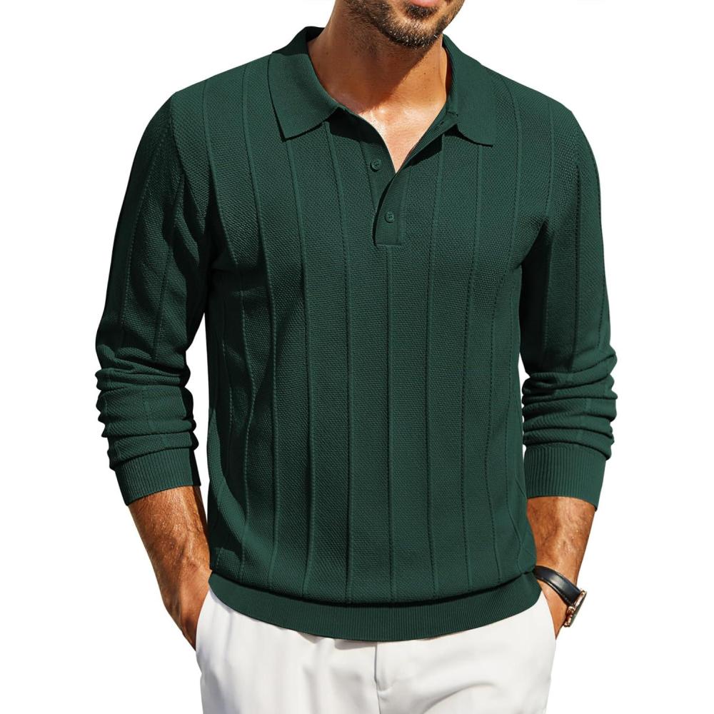 imageCOOFANDY Mens Knit Polo Long Sleeve Polos Sweater Causal Collared Golf Sweaters Fashion Business Dress PulloverGreen