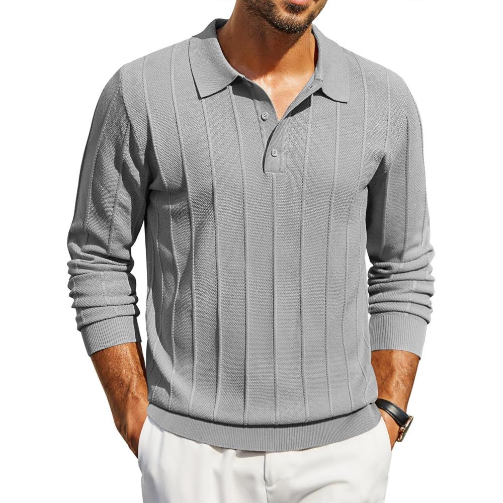imageCOOFANDY Mens Knit Polo Long Sleeve Polos Sweater Causal Collared Golf Sweaters Fashion Business Dress PulloverLight Grey