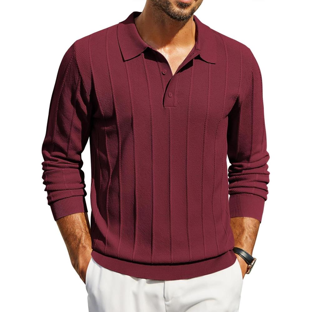 imageCOOFANDY Mens Knit Polo Long Sleeve Polos Sweater Causal Collared Golf Sweaters Fashion Business Dress PulloverWine Red