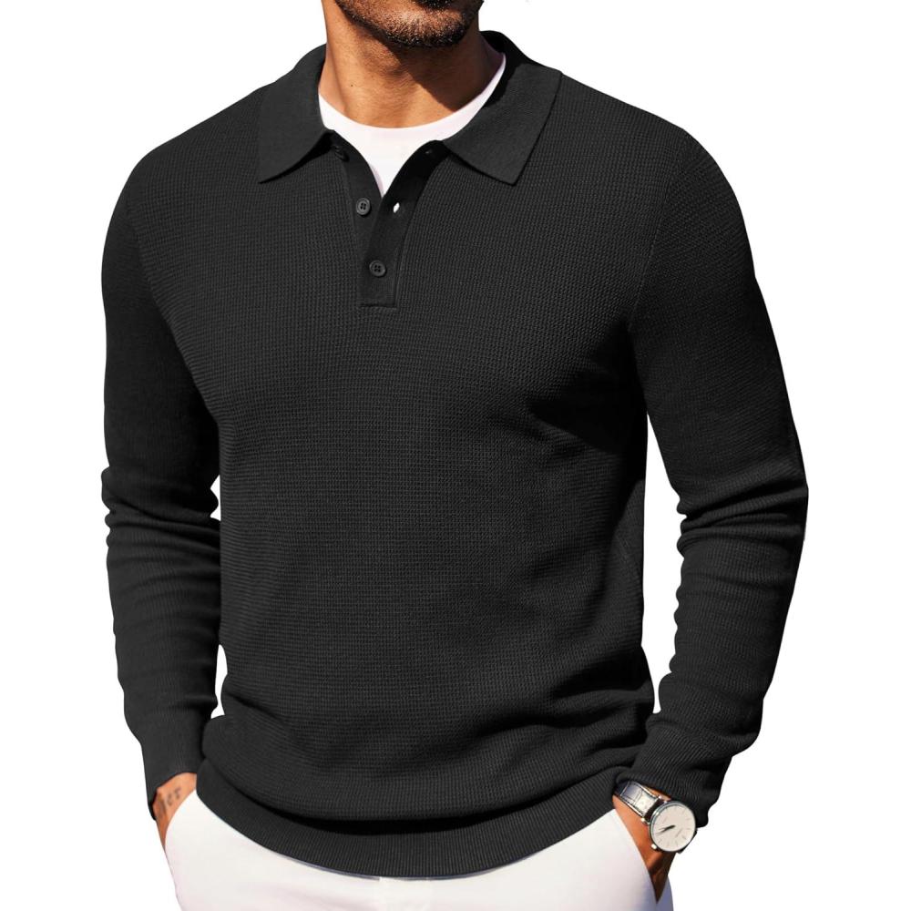 imageCOOFANDY Mens Knit Polo Long Sleeve Sweaters Collared Polo Sweater Casual Dress Pullover Fashion Golf SweatersBlack