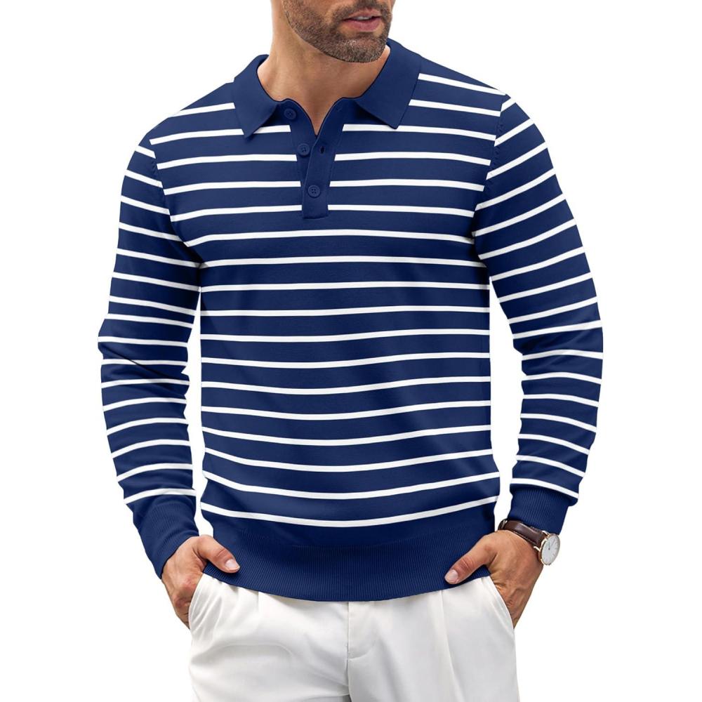 imageCOOFANDY Mens Knit Polo Shirts Casual Long Sleeve Classic Polo Shirts Button Down Golf ShirtsNavy Stripes
