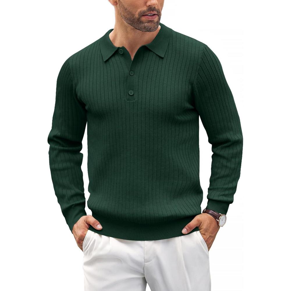 imageCOOFANDY Mens Knit Polo Shirts Casual Long Sleeve Classic Polo Shirts Button Down Golf ShirtsRibbed Green