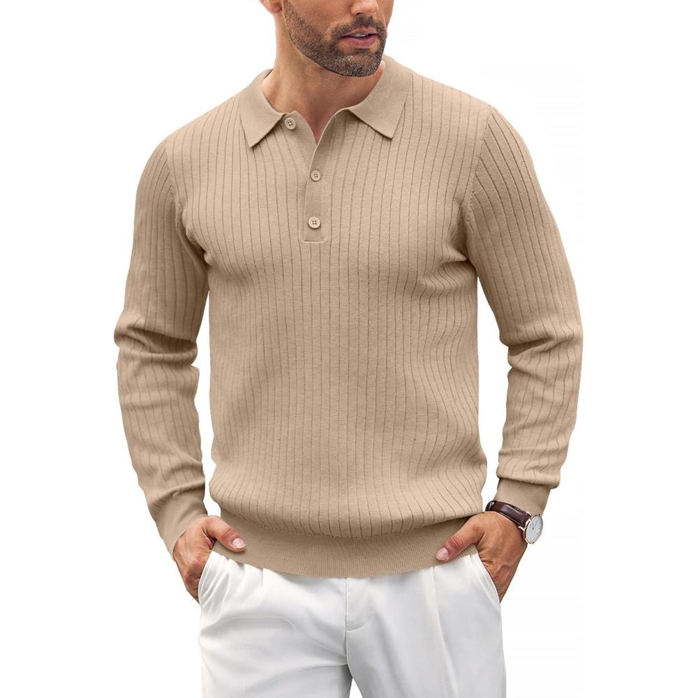 imageCOOFANDY Mens Knit Polo Shirts Casual Long Sleeve Classic Polo Shirts Button Down Golf ShirtsRibbed Khaki