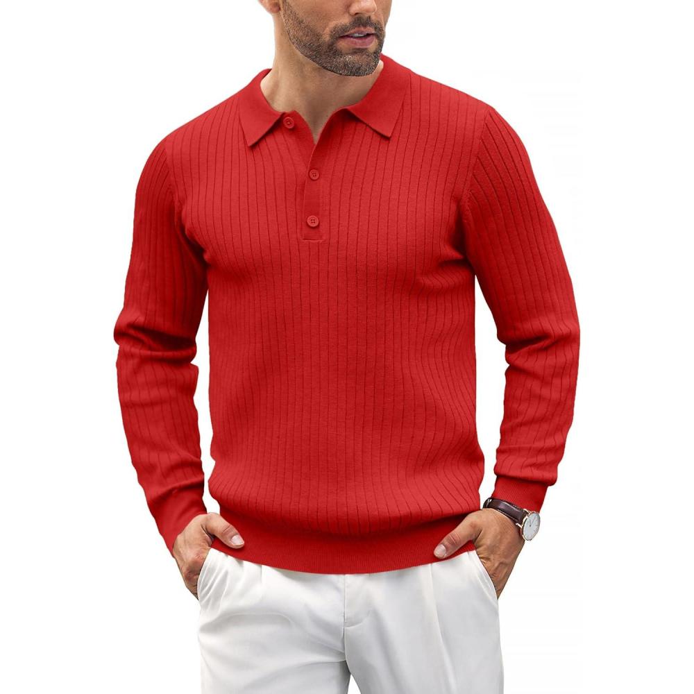 imageCOOFANDY Mens Knit Polo Shirts Casual Long Sleeve Classic Polo Shirts Button Down Golf ShirtsRibbed Red