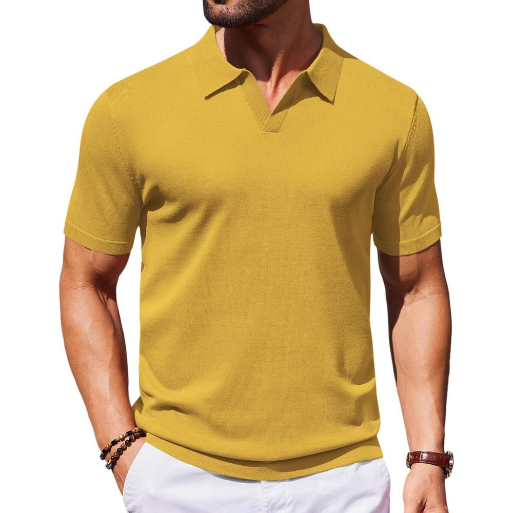 imageCOOFANDY Mens Knit Polo Shirts V Neck Short Sleeve Stretch Polo T Shirt Casual Golf ShirtsYellow