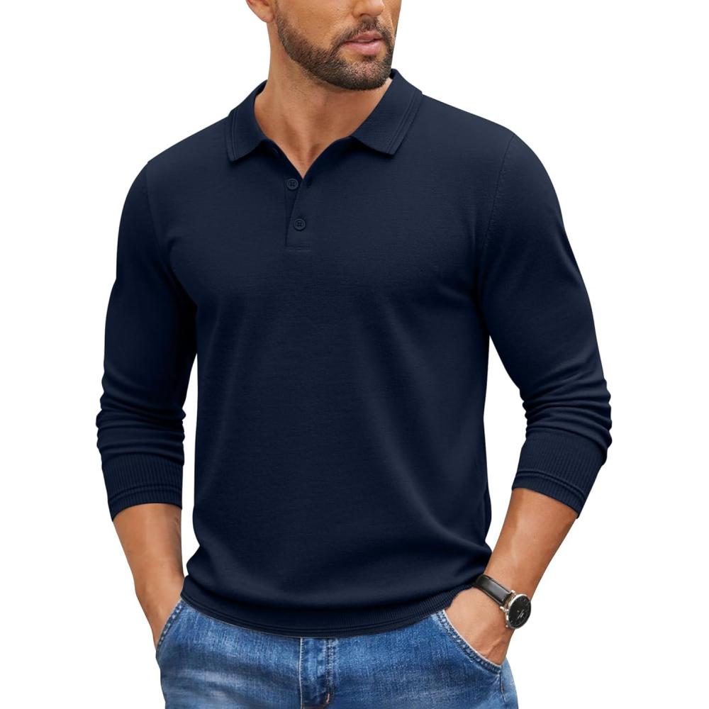 imageCOOFANDY Mens Knit Polo Sweater Long Sleeve Casual Golf Polo Lightweight Dress Button Collar Pullover SweatersNavy Blue