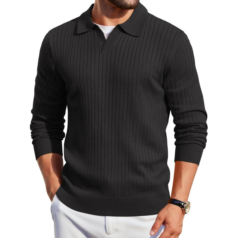 imageCOOFANDY Mens Knit Polos Long Sleeve Casual Sweater Polos V Neck Collared Sweater Golf Polo Sweaters and PulloversBlack