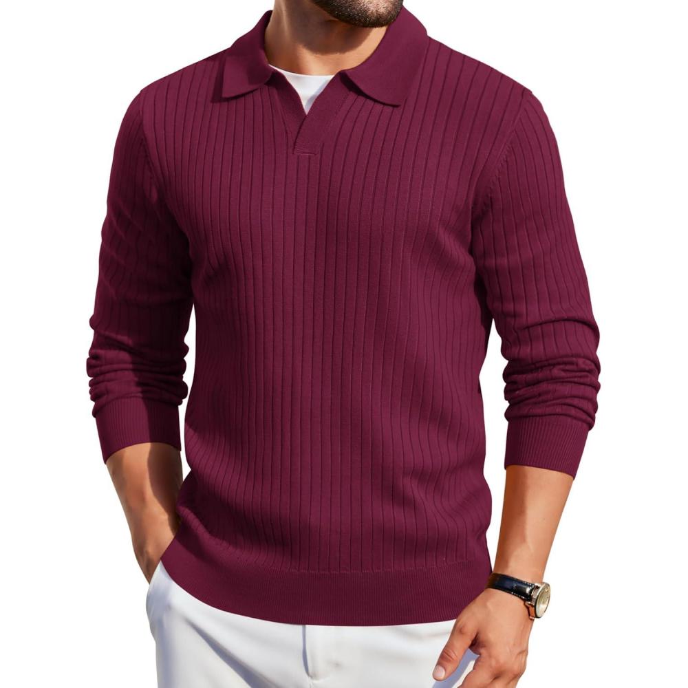 imageCOOFANDY Mens Knit Polos Long Sleeve Casual Sweater Polos V Neck Collared Sweater Golf Polo Sweaters and PulloversDark Red