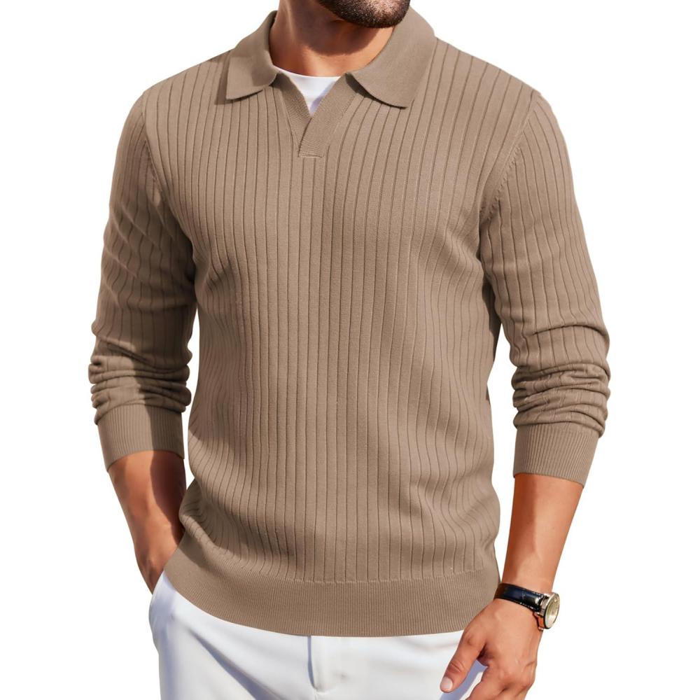imageCOOFANDY Mens Knit Polos Long Sleeve Casual Sweater Polos V Neck Collared Sweater Golf Polo Sweaters and PulloversKhaki