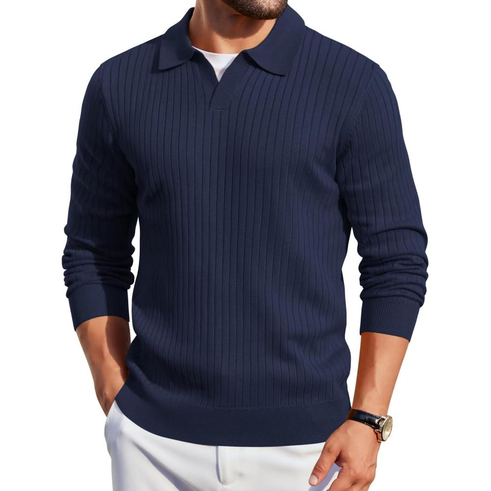 imageCOOFANDY Mens Knit Polos Long Sleeve Casual Sweater Polos V Neck Collared Sweater Golf Polo Sweaters and PulloversNavy Blue