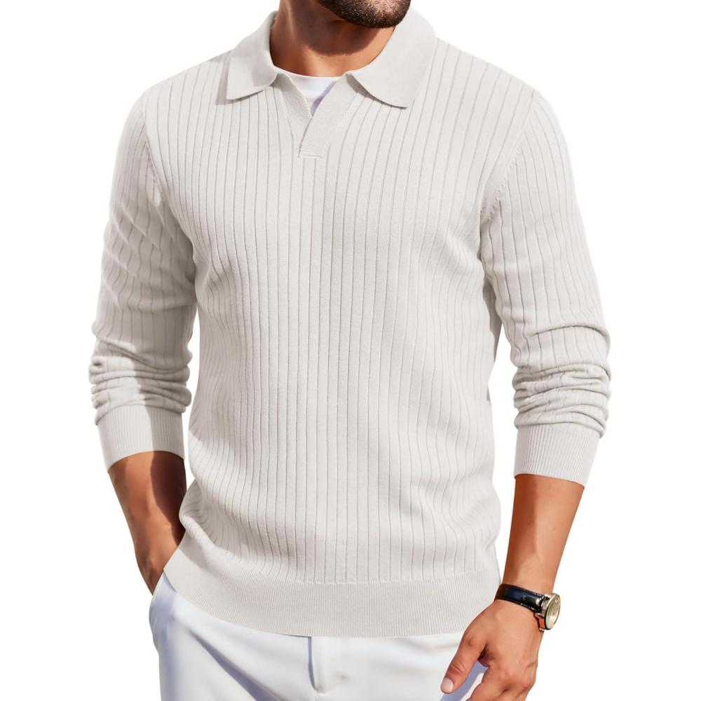 imageCOOFANDY Mens Knit Polos Long Sleeve Casual Sweater Polos V Neck Collared Sweater Golf Polo Sweaters and PulloversWhite