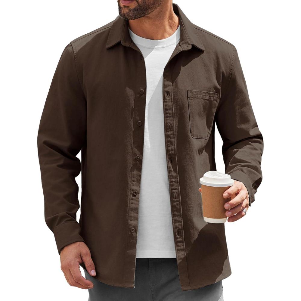 imageCOOFANDY Mens Lightweight Button Down Shirt Jacket Casual Shacket OvershirtDark Brown