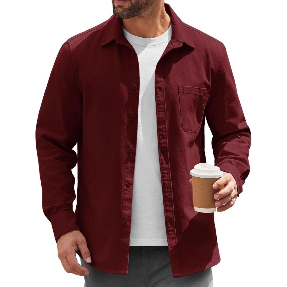 imageCOOFANDY Mens Lightweight Button Down Shirt Jacket Casual Shacket OvershirtWine Red