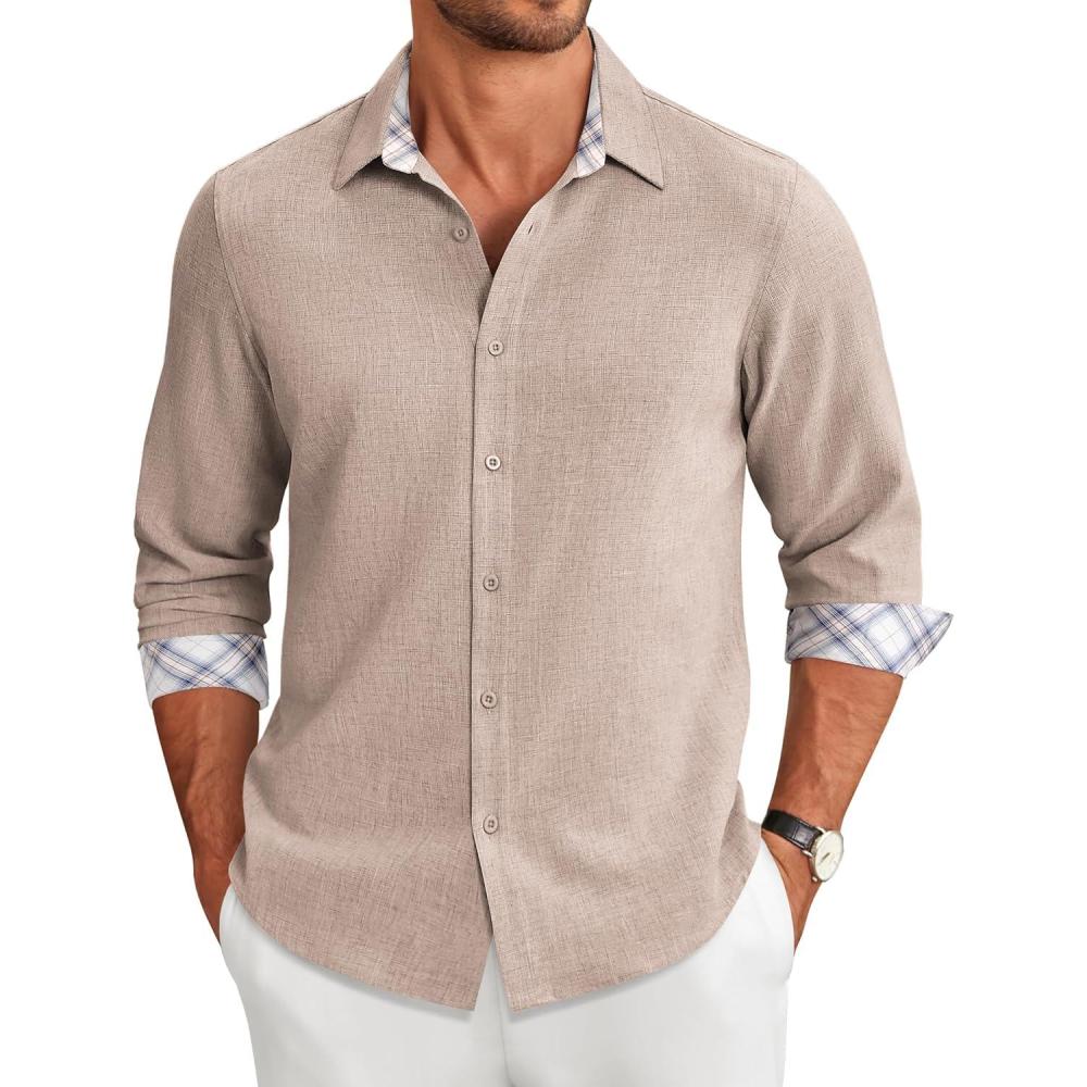 imageCOOFANDY Mens Long Sleeve Button Down Shirts Casual Untucked Shirt Regular Fit Dress ShirtKhaki