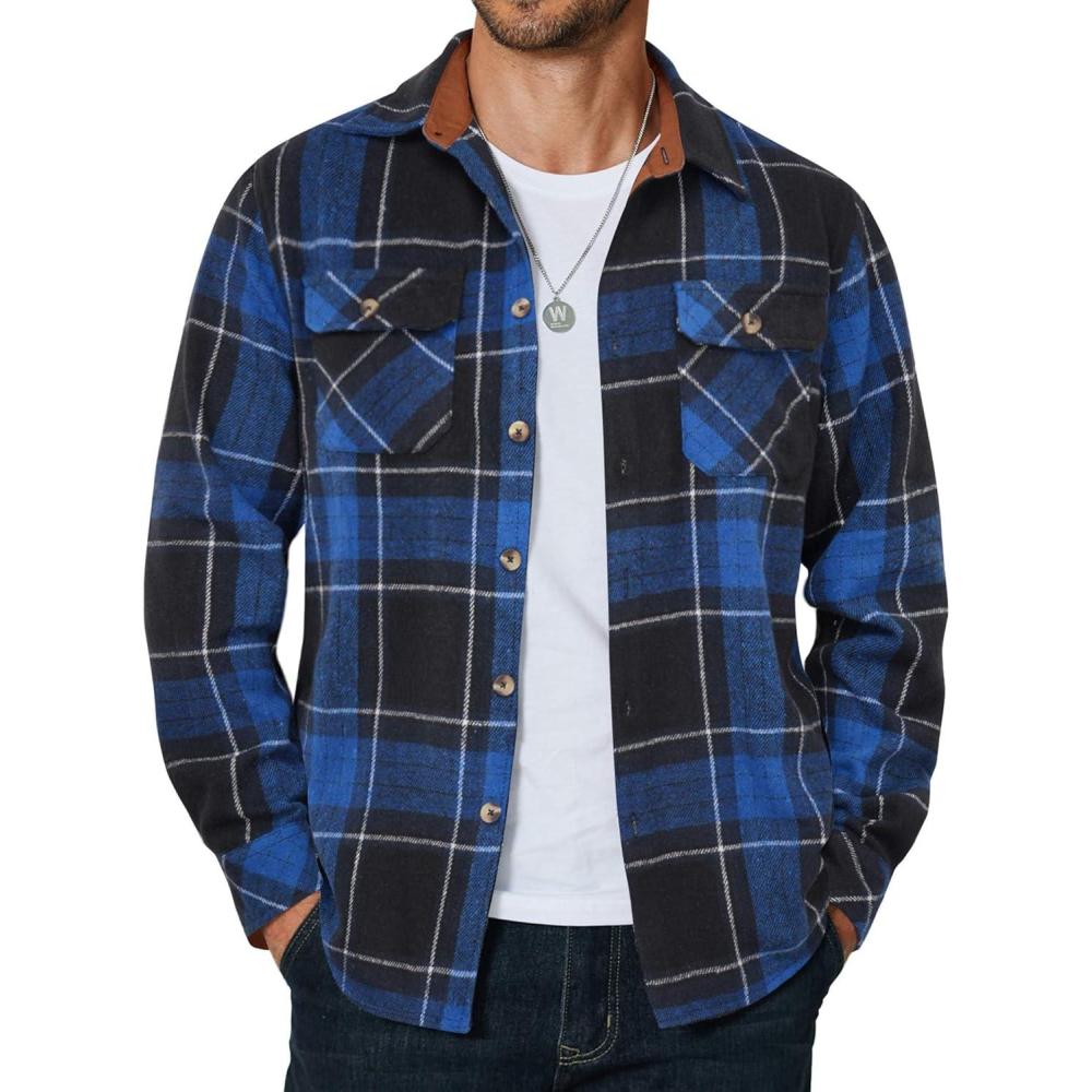 imageCOOFANDY Mens Long Sleeve Flannel Shirts Fashion Plaid Jacket Casual Button Down Shirt with PocketsBlack Blue