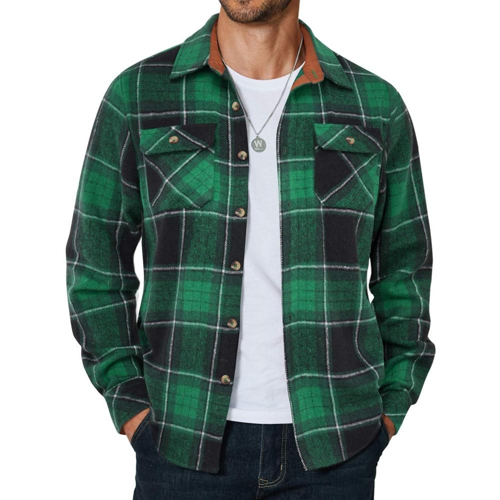 imageCOOFANDY Mens Long Sleeve Flannel Shirts Fashion Plaid Jacket Casual Button Down Shirt with PocketsBlack Green