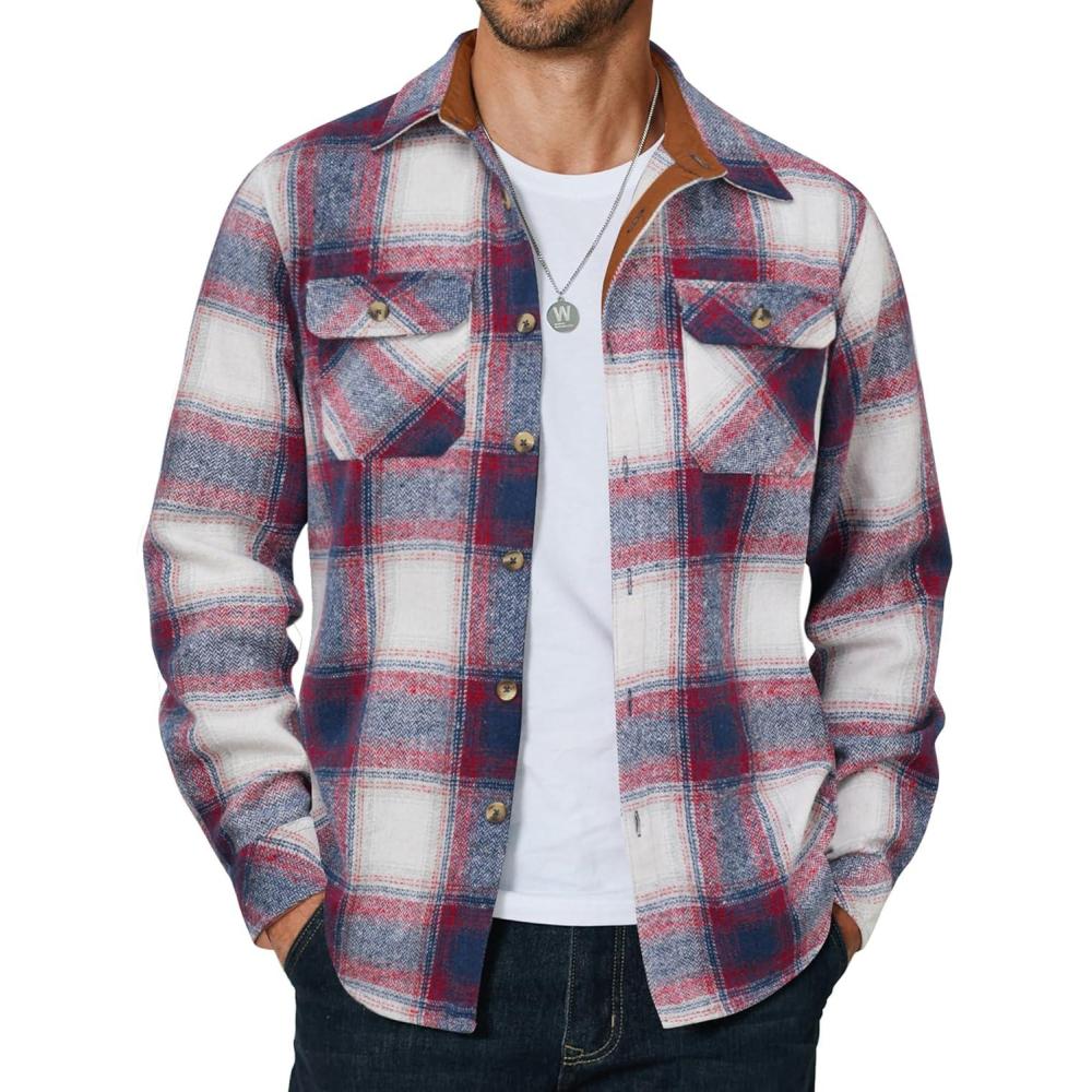 imageCOOFANDY Mens Long Sleeve Flannel Shirts Fashion Plaid Jacket Casual Button Down Shirt with PocketsBlue Redline