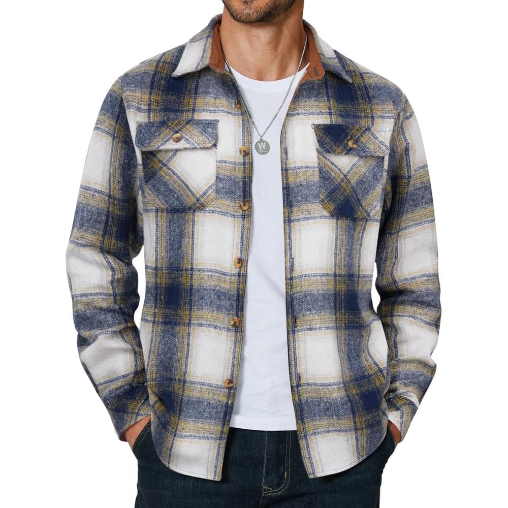 imageCOOFANDY Mens Long Sleeve Flannel Shirts Fashion Plaid Jacket Casual Button Down Shirt with PocketsBlue Yellowline