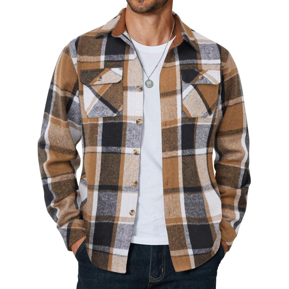 imageCOOFANDY Mens Long Sleeve Flannel Shirts Fashion Plaid Jacket Casual Button Down Shirt with PocketsKhakiblack