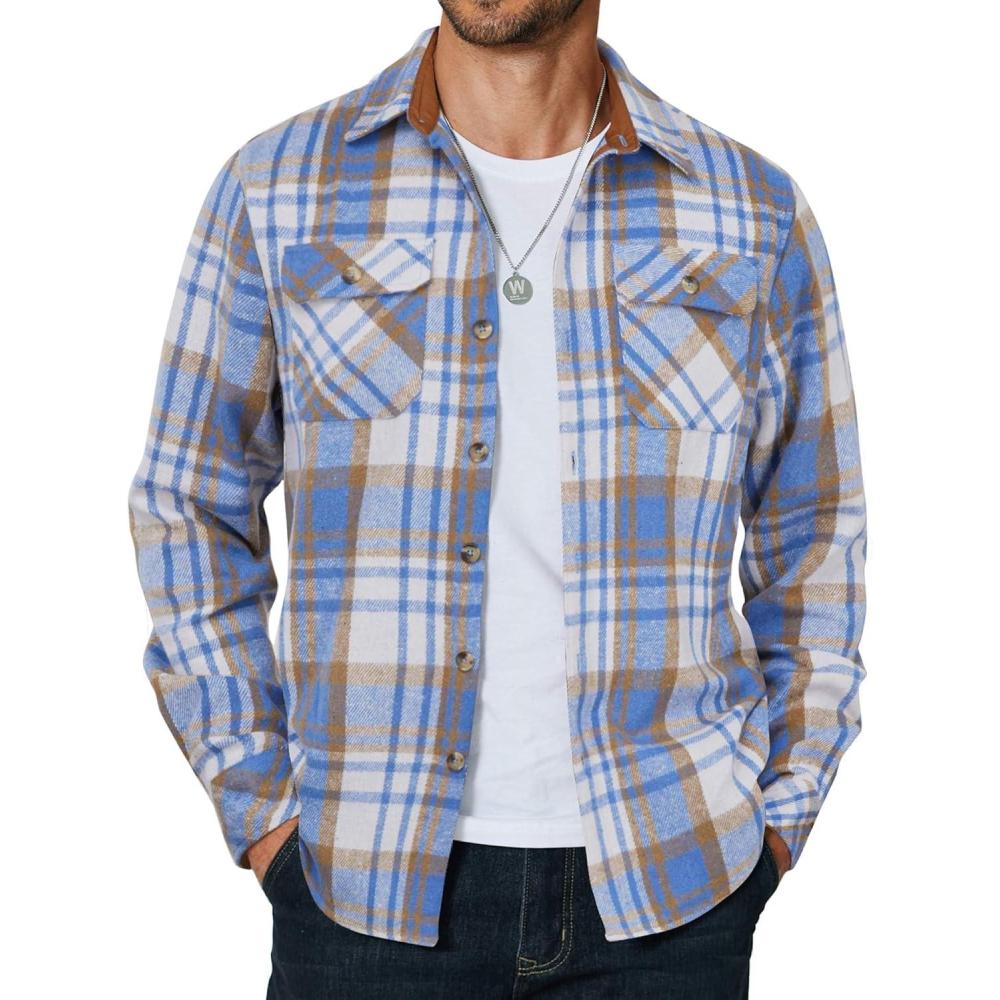 imageCOOFANDY Mens Long Sleeve Flannel Shirts Fashion Plaid Jacket Casual Button Down Shirt with PocketsLight Blue