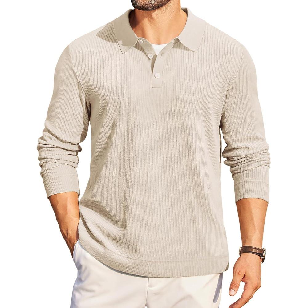 imageCOOFANDY Mens Long Sleeve Polo Knit Polo Sweater Collared Pullover Casual Golf Polo SweaterBeige