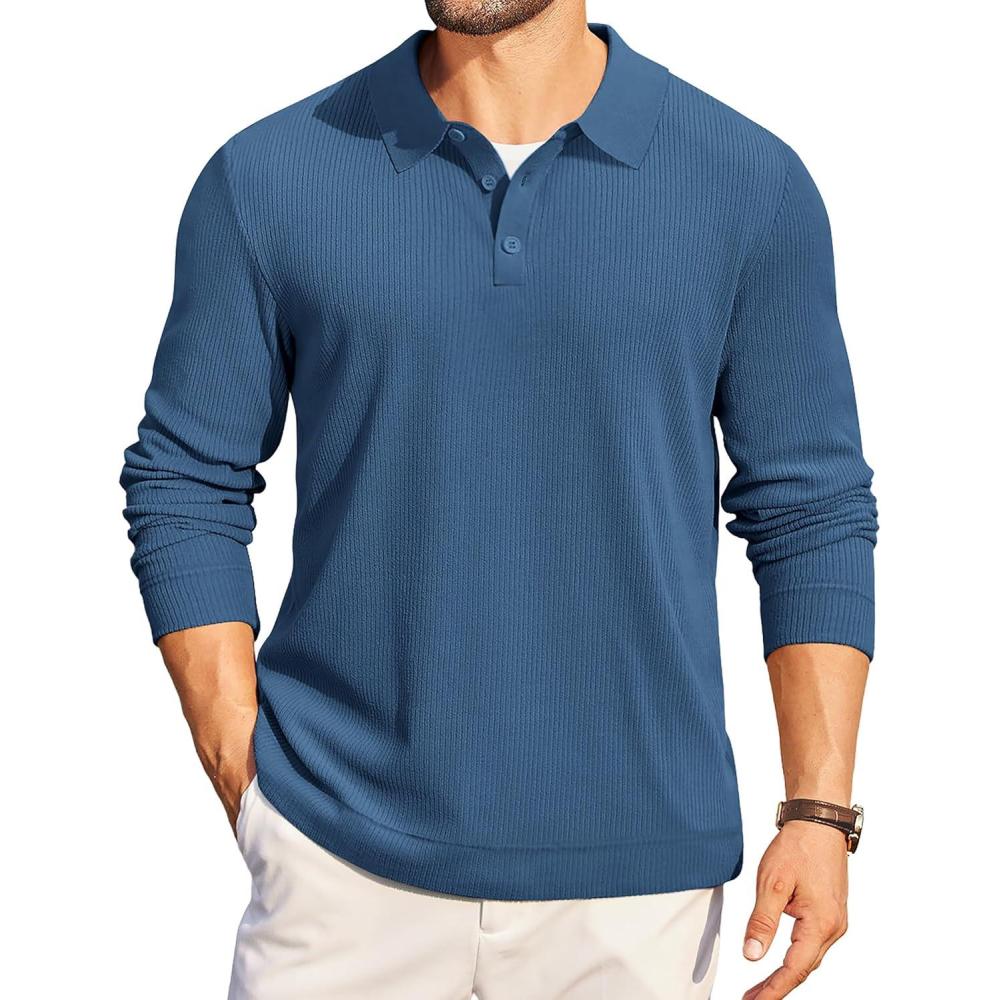 imageCOOFANDY Mens Long Sleeve Polo Knit Polo Sweater Collared Pullover Casual Golf Polo SweaterDark Blue