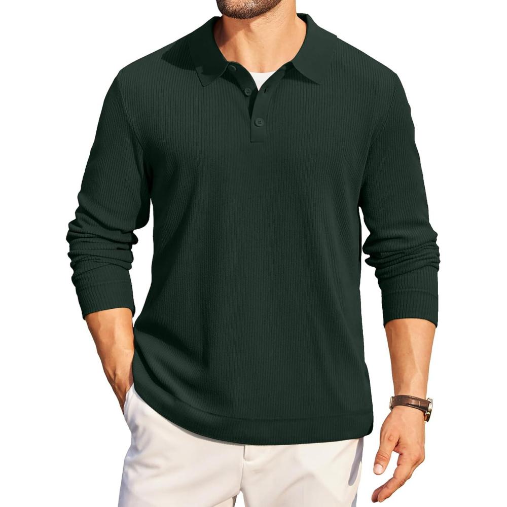 imageCOOFANDY Mens Long Sleeve Polo Knit Polo Sweater Collared Pullover Casual Golf Polo SweaterEvergreen