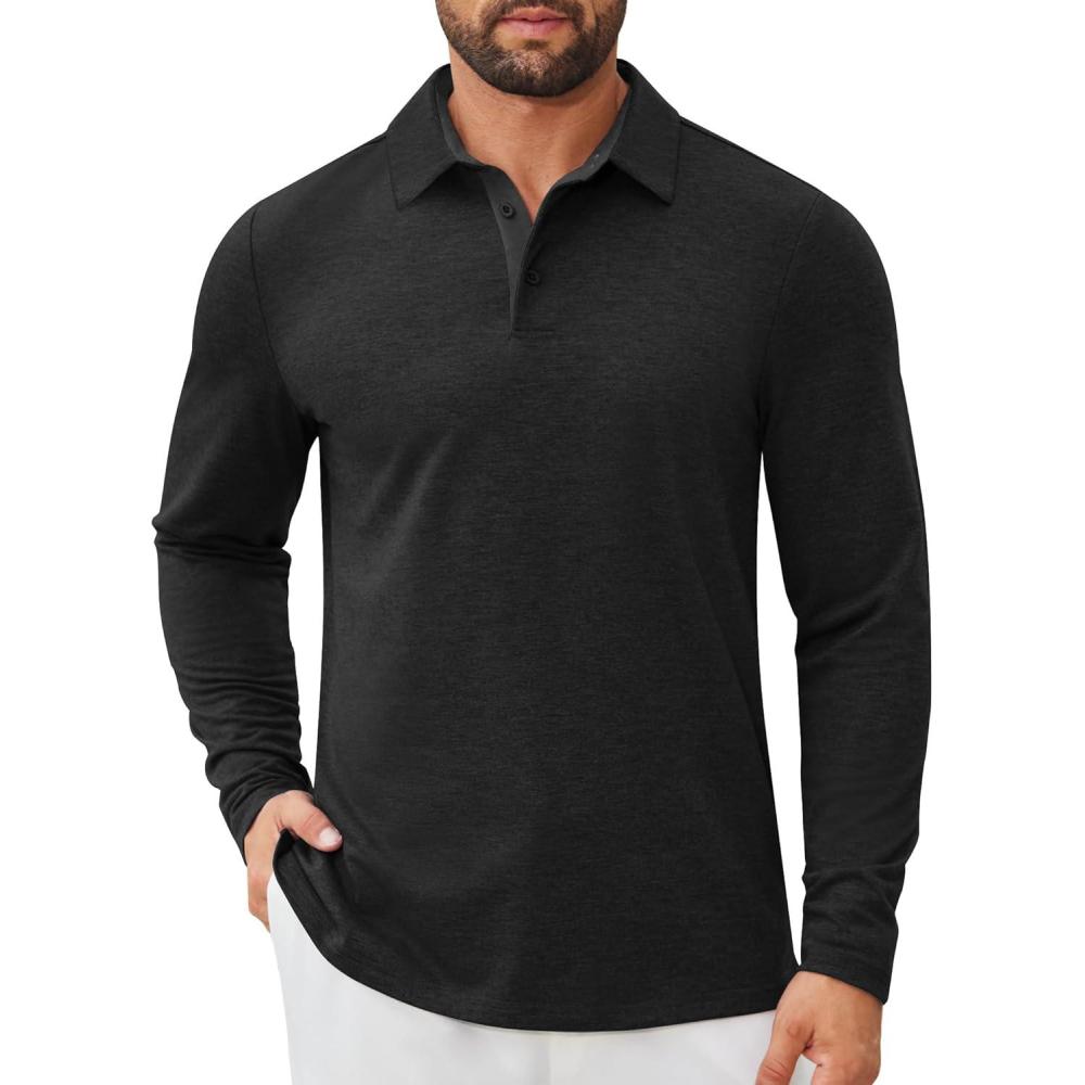 imageCOOFANDY Mens Long Sleeve Polo Shirts Button Casual Tee Collared Work Pullover ShirtsA Black