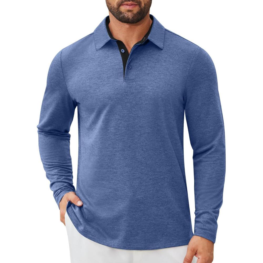 imageCOOFANDY Mens Long Sleeve Polo Shirts Button Casual Tee Collared Work Pullover ShirtsLight Blue