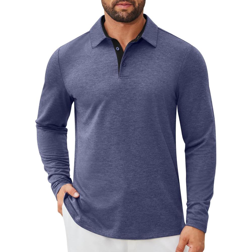 imageCOOFANDY Mens Long Sleeve Polo Shirts Button Casual Tee Collared Work Pullover ShirtsNavy Blue