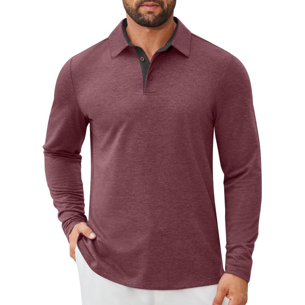 imageCOOFANDY Mens Long Sleeve Polo Shirts Button Casual Tee Collared Work Pullover ShirtsWine Red