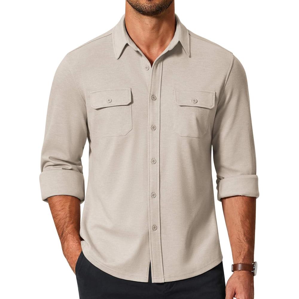 imageCOOFANDY Mens Long Sleeve Shirts Casual Button Down Shirt Wrinkle Free Dress Shirt with PocketLight Khaki