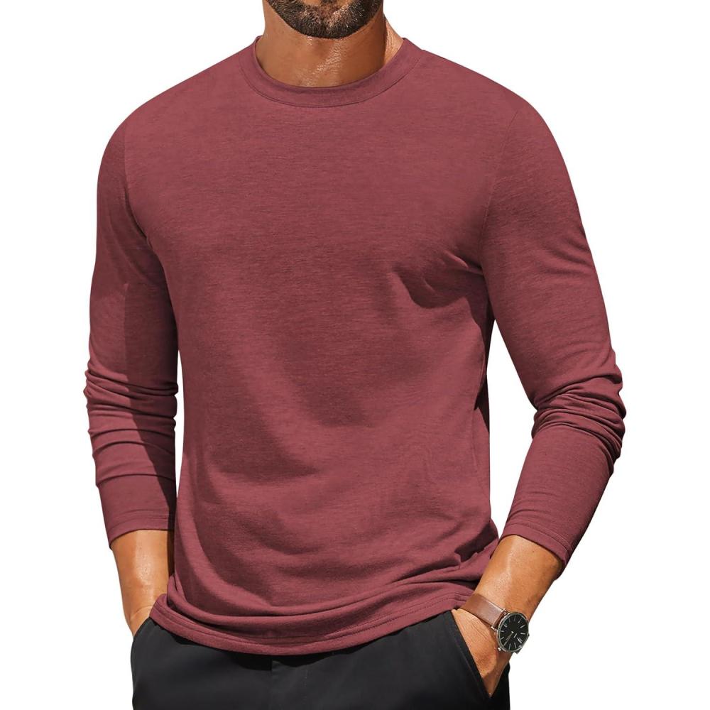 imageCOOFANDY Mens Long Sleeve T Shirts Crew Neck Casual Basic Tee Shirt Lightweight Pullover Shirts1 Packwine Red