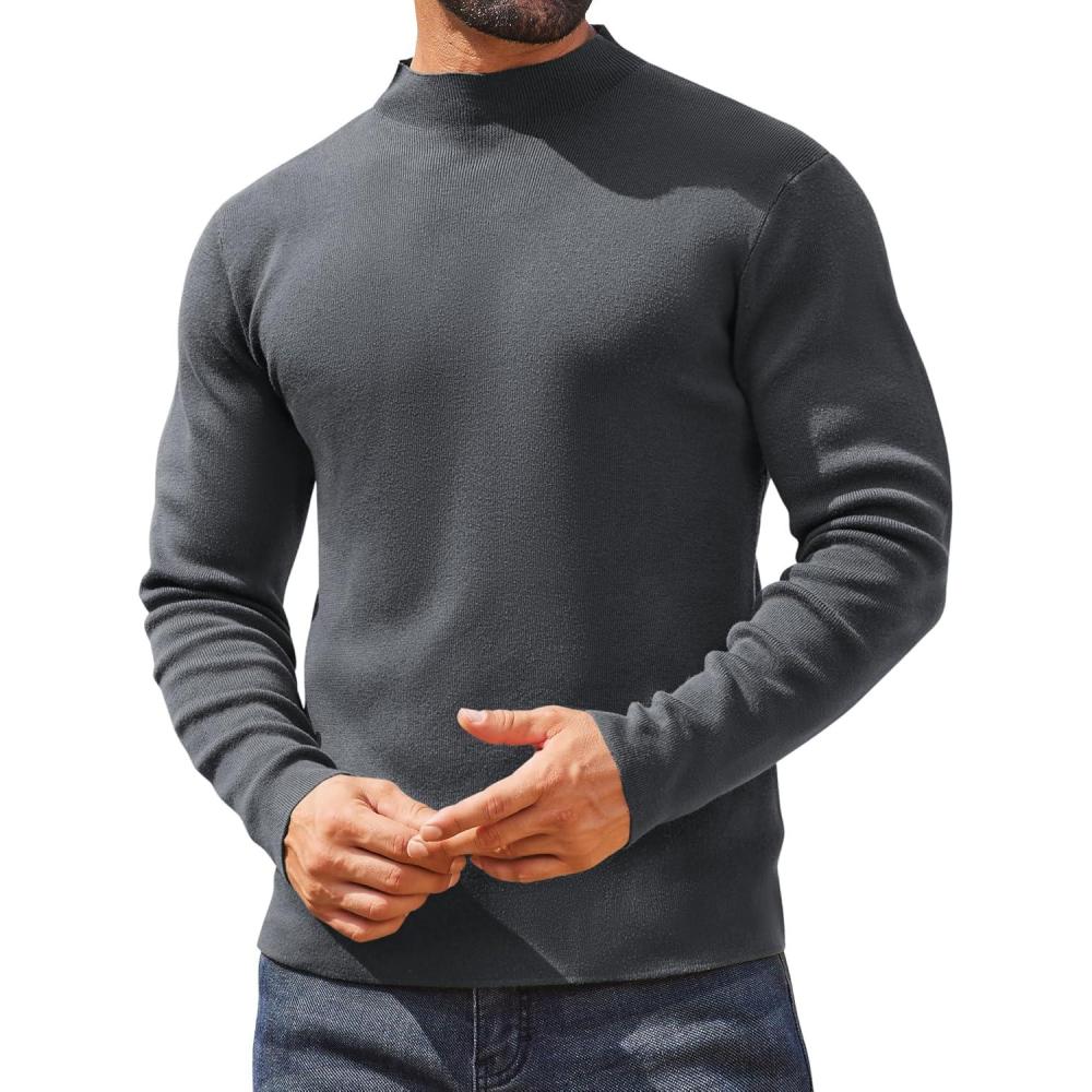 imageCOOFANDY Mens Mock Turtleneck Sweater Long Sleeve Basic Thermal Undershirt Slim Fit Lightweight Pullover SweatersDark Grey