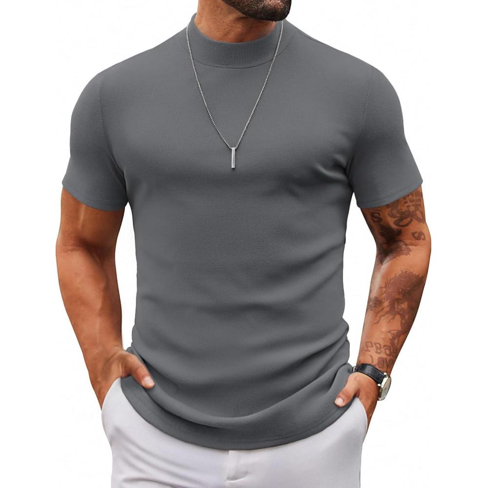 imageCOOFANDY Mens Mock Turtleneck Sweater Short Sleeve Slim Fit Turtle Neck Sweaters Casual Basic Tee Ribbed Knit Pullover TopsDark Grey
