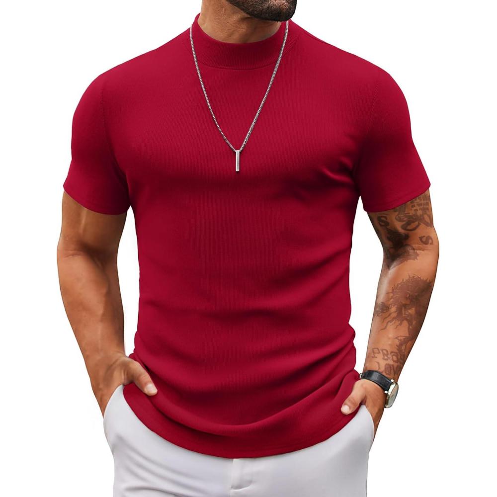 imageCOOFANDY Mens Mock Turtleneck Sweater Short Sleeve Slim Fit Turtle Neck Sweaters Casual Basic Tee Ribbed Knit Pullover TopsDark Red